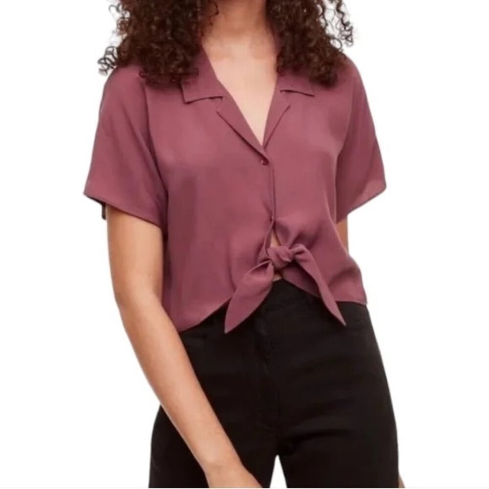 Aritzia Wilfred Free Brown Taupe Tie-front Short sleeve Blouse M